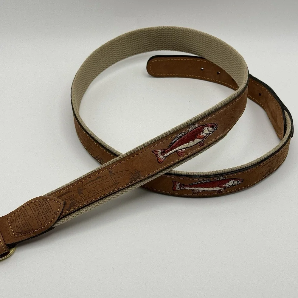Zep-Pro Redfish Embroidered Leather Canvas Belt Size 40 USA Solid Brass